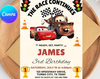 Invito di compleanno a tema Saetta McQueen, invito di compleanno con auto da corsa, modello Canva modificabile, download digitale immediato