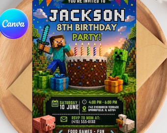 Pixel Block Birthday Invitation, Editable Gaming Invite, Block Craft Party, Digital Canva Download