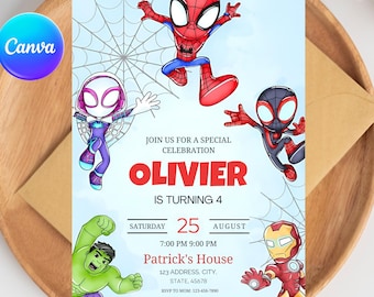 Invito di compleanno di Spidey, invito per la festa di Spiderman e amici, modello digitale modificabile, download da Canva