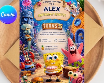 Invito di compleanno a tema SpongeBob, invito di compleanno a tema "Sotto il mare", festa per bambini modificabile, download digitale.