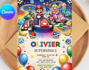 Invito di compleanno a tema Super Mario Kart, festa di corse di Mario, invito per giocatori, download digitale modificabile su Canva.