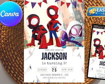 Invito di compleanno di Spidey, invito di Spidey e amici, festa a tema supereroi, download digitale modificabile su Canva