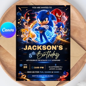 Zaproszenie urodzinowe z motywem Sonic, zaproszenie na imprezę z motywem Sonic, edytowalny szablon Canva, cyfrowe pobieranie natychmiastowe