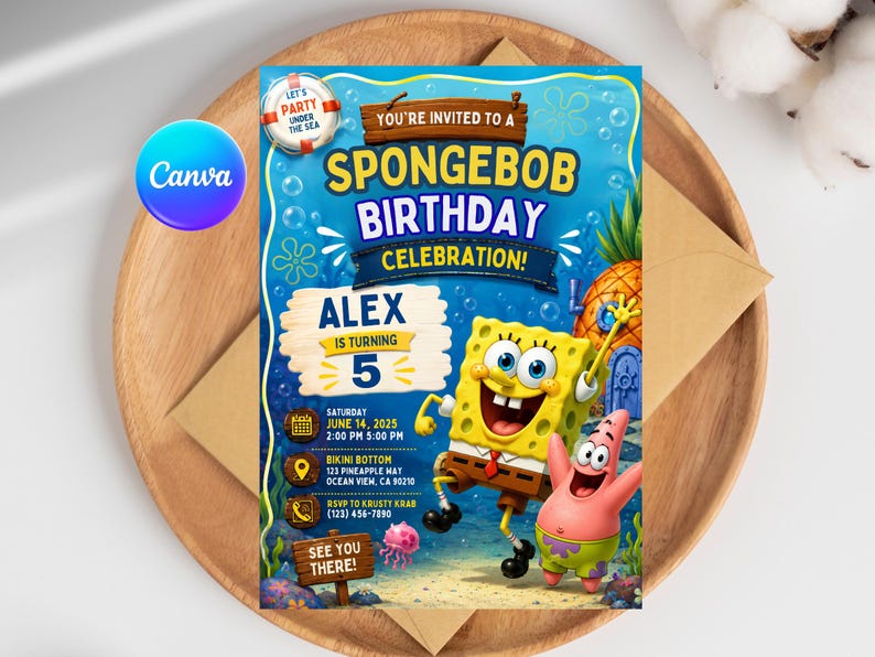 May include: A colorful SpongeBob SquarePants birthday invitation. The invitation features SpongeBob and Patrick, along with the text "You're Invited to a SpongeBob Birthday Celebration!" and details for Alex's 5th birthday party.