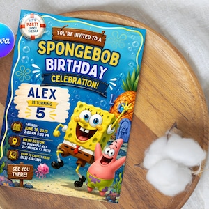 May include: A colorful Spongebob Squarepants birthday invitation. The invitation features Spongebob and Patrick, with text that reads "You're Invited to a Spongebob Birthday Celebration!" and details for the party. The invitation is on a wooden tray.