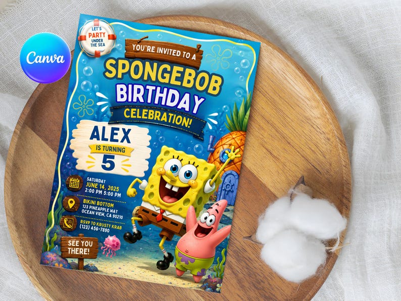 May include: A colorful Spongebob Squarepants birthday invitation. The invitation features Spongebob and Patrick, with text that reads "You're Invited to a Spongebob Birthday Celebration!" and details for the party. The invitation is on a wooden tray.