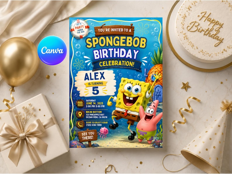May include: A colorful SpongeBob SquarePants birthday invitation featuring SpongeBob and Patrick. The invitation includes the text "You're Invited to a SpongeBob Birthday Celebration!" and details for a party for Alex, who is turning 5.