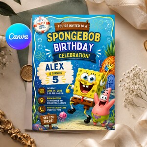 May include: A vibrant invitation for a SpongeBob birthday celebration. The design features SpongeBob and Patrick, with the text "YOU'RE INVITED TO A SPONGEBOB BIRTHDAY CELEBRATION!" and details for Alex's 5th birthday, including the date, time, and location.