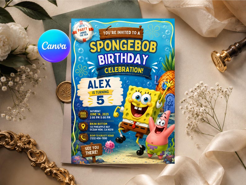 May include: A vibrant invitation for a SpongeBob birthday celebration. The design features SpongeBob and Patrick, with the text "YOU'RE INVITED TO A SPONGEBOB BIRTHDAY CELEBRATION!" and details for Alex's 5th birthday, including the date, time, and location.