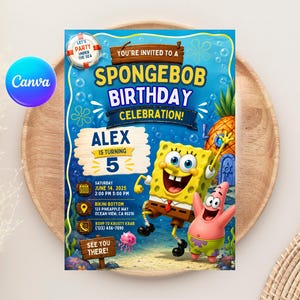 May include: A colorful SpongeBob SquarePants birthday party invitation. The design features SpongeBob and Patrick, with text that reads "You're Invited to a SpongeBob Birthday Celebration!" and details for Alex's 5th birthday.