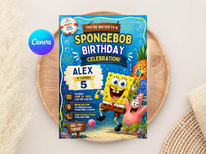 May include: A colorful SpongeBob SquarePants birthday party invitation. The design features SpongeBob and Patrick, with text that reads "You're Invited to a SpongeBob Birthday Celebration!" and details for Alex's 5th birthday.