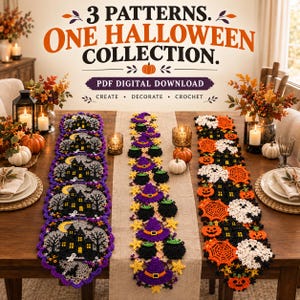 Halloween Crochet Table Runner Pattern Bundle PDF Haunted House Witch Ghost Pumpkin Fall Decor Instant Download
