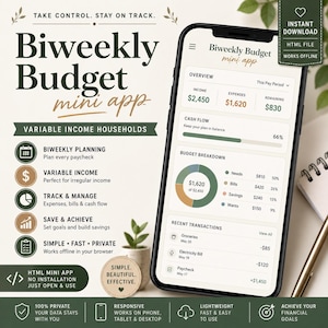 Op de afbeelding: Een smartphone toont de interface van de "Biweekly Budget mini app", met functies voor financiële tracking. Het app-ontwerp omvat het volgen van inkomsten, uitgaven en cashflow, met een focus op huishoudens met variabel inkomen. De tekst "Instant Download, HTML File, Works Offline" is ook zichtbaar.