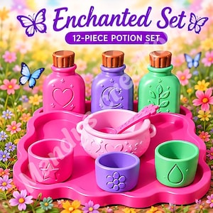 May include: A 12-piece potion set featuring three plastic bottles in pink, purple, and green with heart, moon, and leaf icons. Includes a pink cauldron, a matching spoon, three small cups with star, flower, and water drop symbols, and a tray.