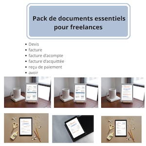 Peut inclure: Image présentant une tablette affichant des factures et des documents, avec le texte "Pack de documents essentiels pour freelances." Une tasse blanche et des fournitures de bureau sont également visibles. L'image présente des documents essentiels pour les freelances.