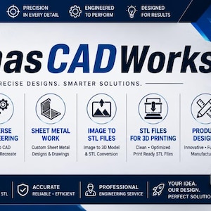 May include: A dark blue and white banner for Minhas CAD Works, with the tagline "Precise Designs. Smarter Solutions." The image showcases icons representing services like 3D modelling, reverse engineering, sheet metal work, image to STL files, and product designs.