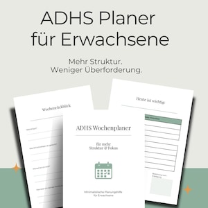 Könnte beinhalten: Ein digitaler Download A4-Planer für Erwachsene mit ADHS. Das Cover zeigt "ADHS Wochenplaner" mit dem Text "für mehr Struktur & Fokus" und einem Kalendersymbol. Der Planer enthält Abschnitte für Wochenrückblicke und Tagesplanung.