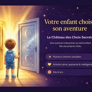Può includere: Illustrazione di un ragazzino con uno zaino in piedi tra due porte, una con un disegno del sole e l'altra con una luna e stelle. Il testo recita "Votre enfant choisit son aventure" e "Le Château des Choix Secrets".
