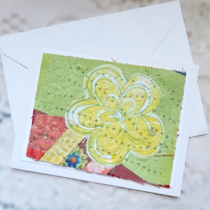 Whimsical Flower Textile Collage Art Card, Fibre Art Cart, Fabric Art Greeting Card, Inspirational Note Card, Cute Original Art Blank Card
