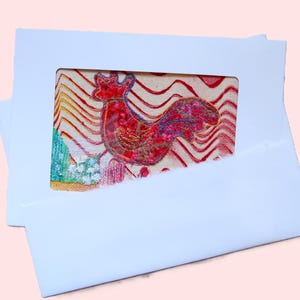 Carte de voeux lunatique d'art textile fait main de coq, carte d'anniversaire d'art de collage de fibre faite main, carte d'art de fibre cousue, petit art matelassé