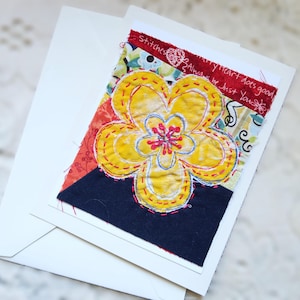 Whimsical Flower Textile Collage Art Card, Fibre Art Cart, Fabric Art Greeting Card, Inspirational Note Card, Cute Original Art Blank Card