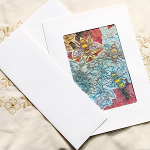 Carte d'art textile Abeilles dans le jardin, Art sur tissu d'abeilles, Art avec des abeilles, Art des fibres, Cartes de voeux, Cartes de correspondance, Cartes de remerciement, Carte de l'amitié
