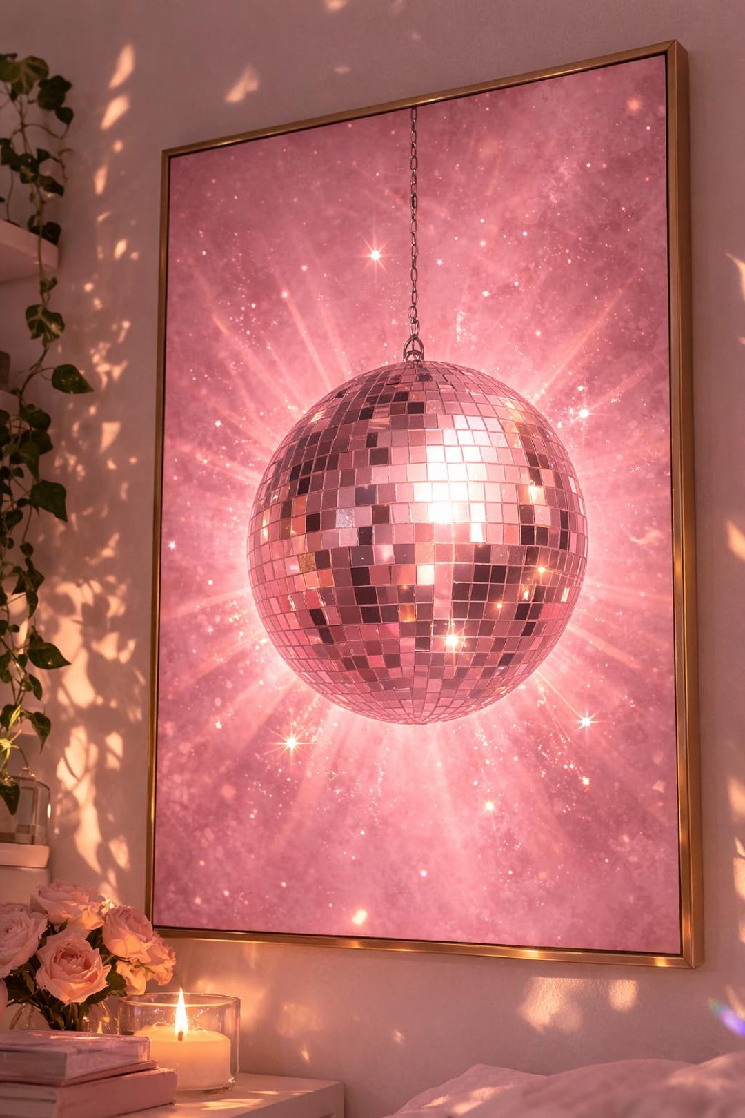 Pink Disco Ball Poster, Disco Wall Art, Retro Disco Decor, Pink ...