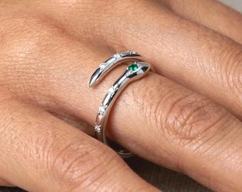 Emerald Eye Serpent Wrap Ring | Sterling Silver, Gold Vermeil, CZ Diamonds