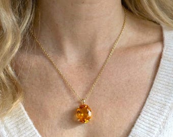 Oval Orange Pendant Necklace | Sterling Silver Solitaire Necklace - CZ Stone | November Birthstone