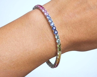 Rainbow Tennis Bracelet | Multicolor CZ Bracelet | Sterling Silver | White Rhodium Plated