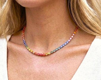 Rainbow Tennis Necklace | Multicolor CZ Necklace | Sterling Silver | White Rhodium Plated