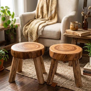 Puede incluir: Dos pequeños taburetes redondos de madera con tres patas cada uno. Los taburetes son de madera de color marrón claro, con las tapas que muestran el patrón natural de la veta. Se colocan sobre una alfombra tejida, con un sillón de tonos neutros y plantas en el fondo.