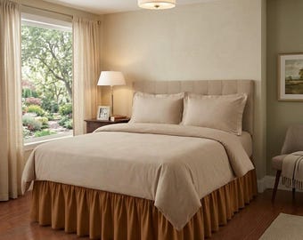 Falda de cama con volantes – Capa base de lino color naranja óxido, mezcla de algodón y color liso