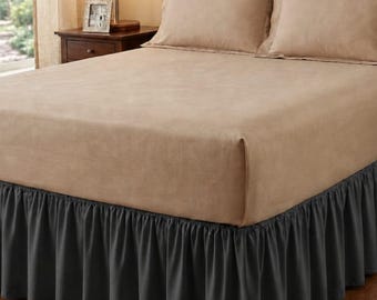 100% Leinen Rüschenbettrock - Naturbeige, elegantes Schlafzimmerdekor holzkohlegrau