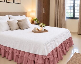 Dusty Pink Linen Ruffle Bed Skirt – Elegant Boho Bedroom Decor