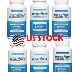May include: Six white bottles of Instaflex Advanced dietary supplement. Each bottle has a blue and white label with the product name, key benefits, and the text "Doctor Formulated". The image also includes the text "Pack of 6" and "US STOCK".