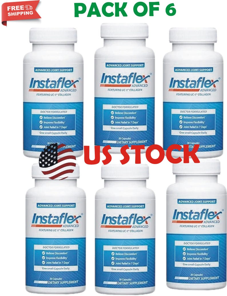 May include: Six white bottles of Instaflex Advanced dietary supplement. Each bottle has a blue and white label with the product name, key benefits, and the text "Doctor Formulated". The image also includes the text "Pack of 6" and "US STOCK".