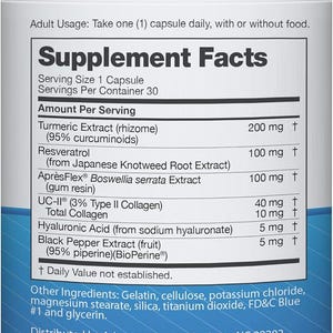 May include: A white supplement bottle with a blue label. The label includes the text "Supplement Facts" and lists ingredients such as Turmeric Extract, Resveratrol, and Black Pepper Extract. The bottle contains 30 capsules.