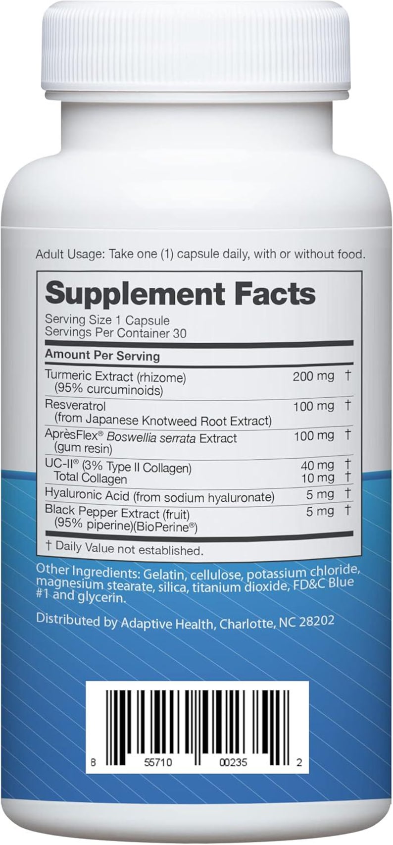 May include: A white supplement bottle with a blue label. The label includes the text "Supplement Facts" and lists ingredients such as Turmeric Extract, Resveratrol, and Black Pepper Extract. The bottle contains 30 capsules.