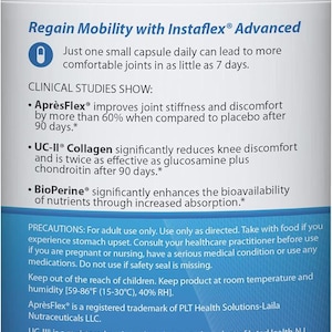 May include: White Instaflex Advanced bottle with blue and white text. The label highlights joint health benefits, including reduced discomfort and increased nutrient absorption. The bottle contains capsules.