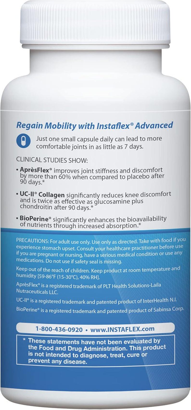 May include: White Instaflex Advanced bottle with blue and white text. The label highlights joint health benefits, including reduced discomfort and increased nutrient absorption. The bottle contains capsules.
