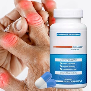 May include: A white bottle labeled "ADVANCED JOINT SUPPORT" with blue and white capsules. The bottle also says "ADVANCED COLLAGEN" and "DIETARY SUPPLEMENT". The image shows a hand with red areas, possibly indicating joint discomfort.