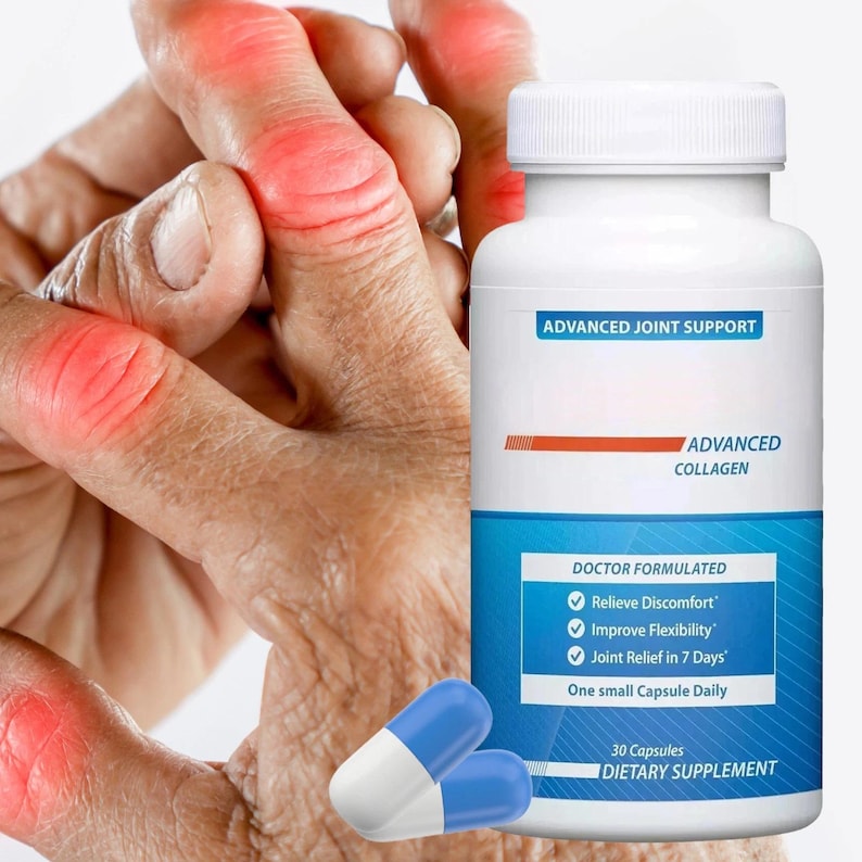 May include: A white bottle labeled "ADVANCED JOINT SUPPORT" with blue and white capsules. The bottle also says "ADVANCED COLLAGEN" and "DIETARY SUPPLEMENT". The image shows a hand with red areas, possibly indicating joint discomfort.
