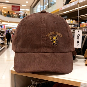 Può includere: Cappellino da baseball in velluto a coste marrone con la scritta "Smiling Punch" e una grafica di una scimmia dei cartoni animati. Il cappellino ha una visiera curva e un bottone sulla parte superiore. Un'etichetta bianca con "CapioCo" è appesa.