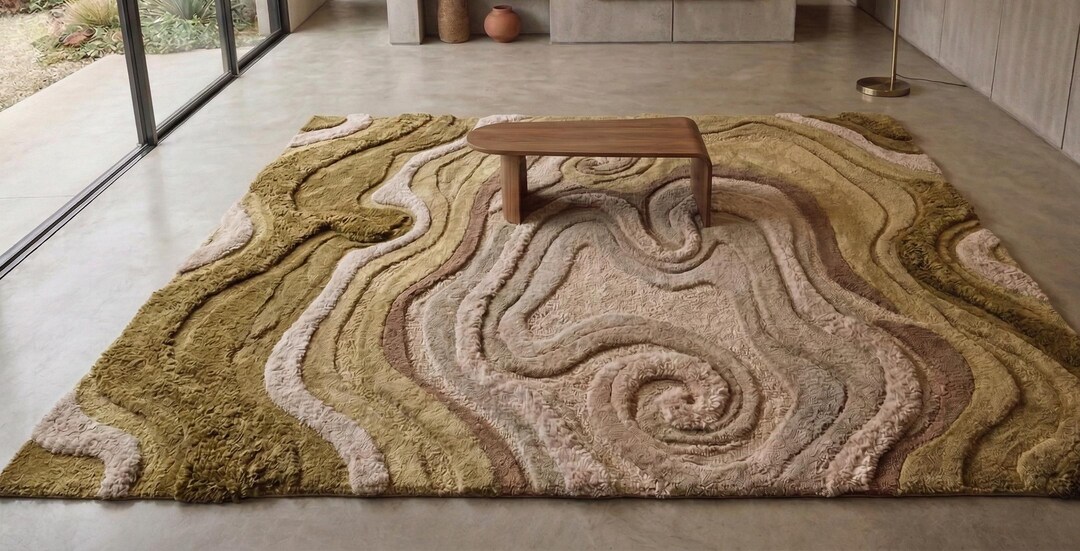 Hand-tufted 3D Topographical Area Rug - Abstract Moss & Sand Swirl ...