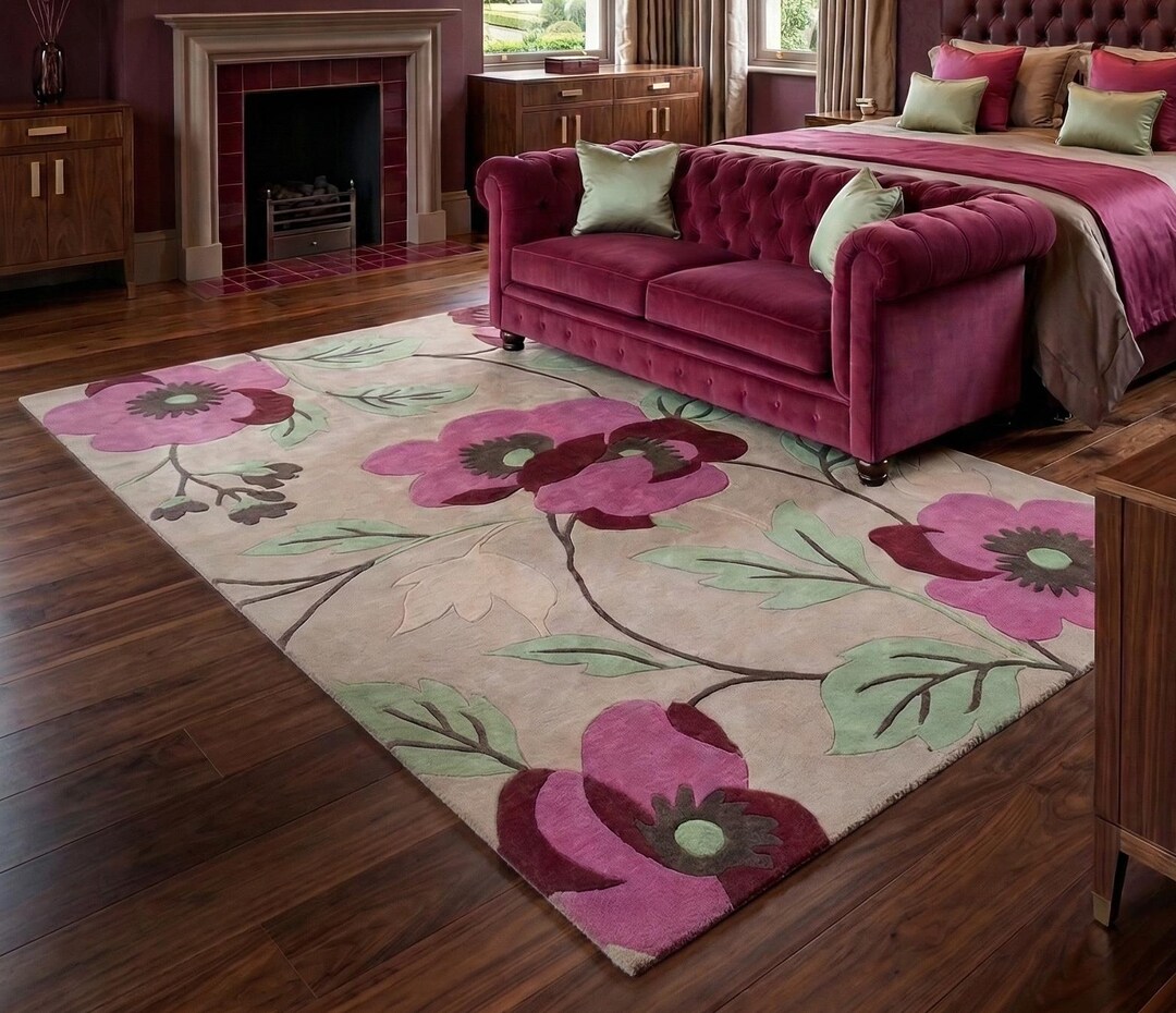 Hand-tufted Wool Floral Area Rug – Beige Botanical Poppy Carpet - Etsy
