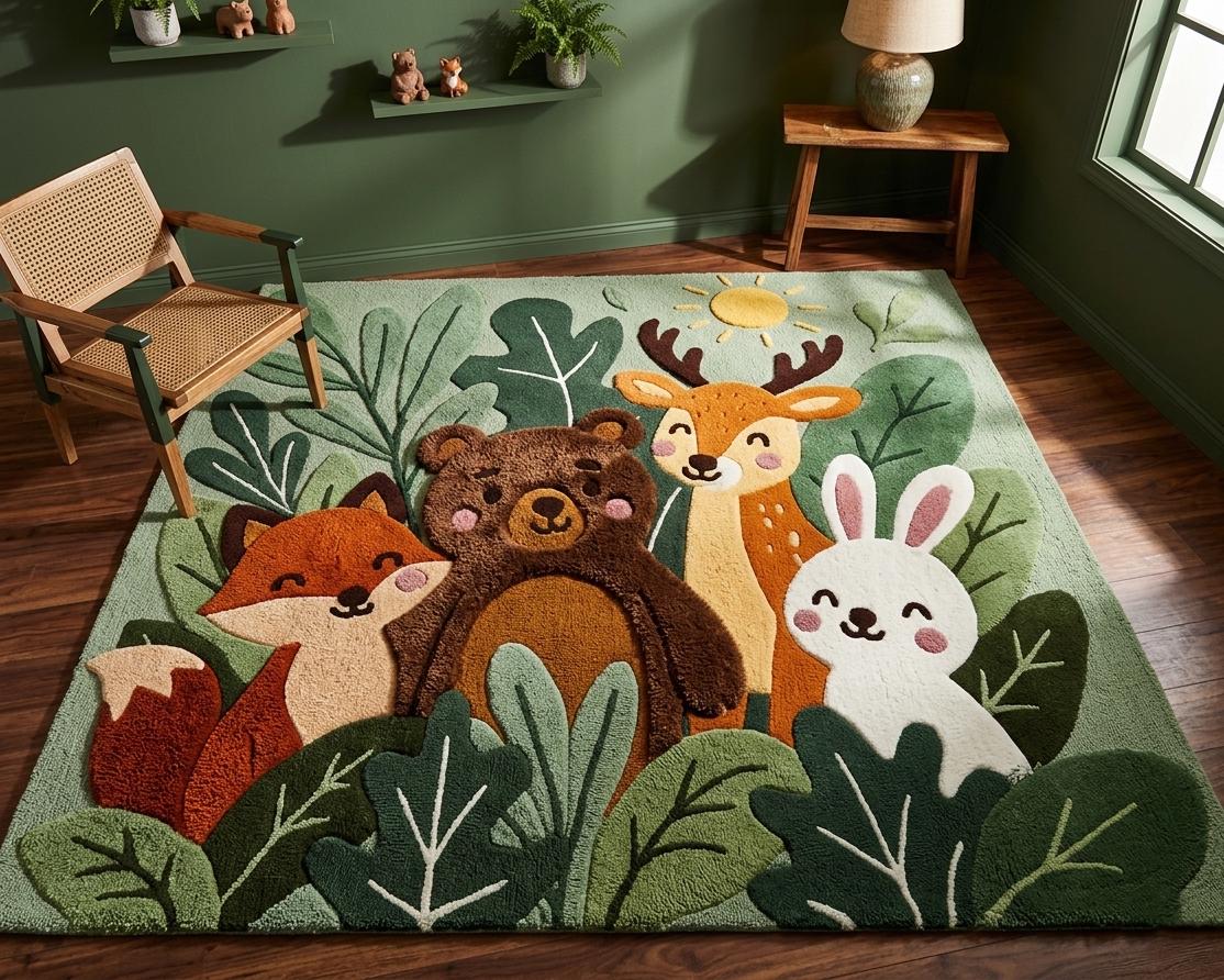 Hand-tufted Woodland Animals Nursery Rug - Fox, Bear, Deer & Bunny 3D ...