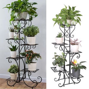 May include: A black, multi-tiered plant stand with a scrolled design. The stand holds several potted plants with green foliage and colorful flowers. The stand is made of metal and has a decorative, ornate design.