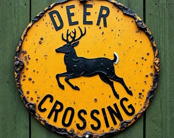 Vintage Deer Crossing Metal Tin Sign | Rustic Wildlife Road Warning Wall Decor | Round Cabin Wall Art | Hunting Lodge Decor | Farmhouse Sign