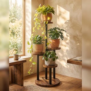 May include: A multi-tiered plant stand with four levels, each holding a potted plant. The stand has a dark metal frame and wooden shelves. The plants include trailing vines and various green foliage, creating a natural, decorative display.